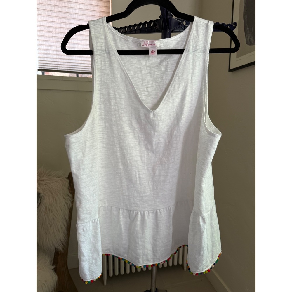 Boho Rainbow Pom Pom Trim Tank Top White Rayon Peplum Swing Festival XL